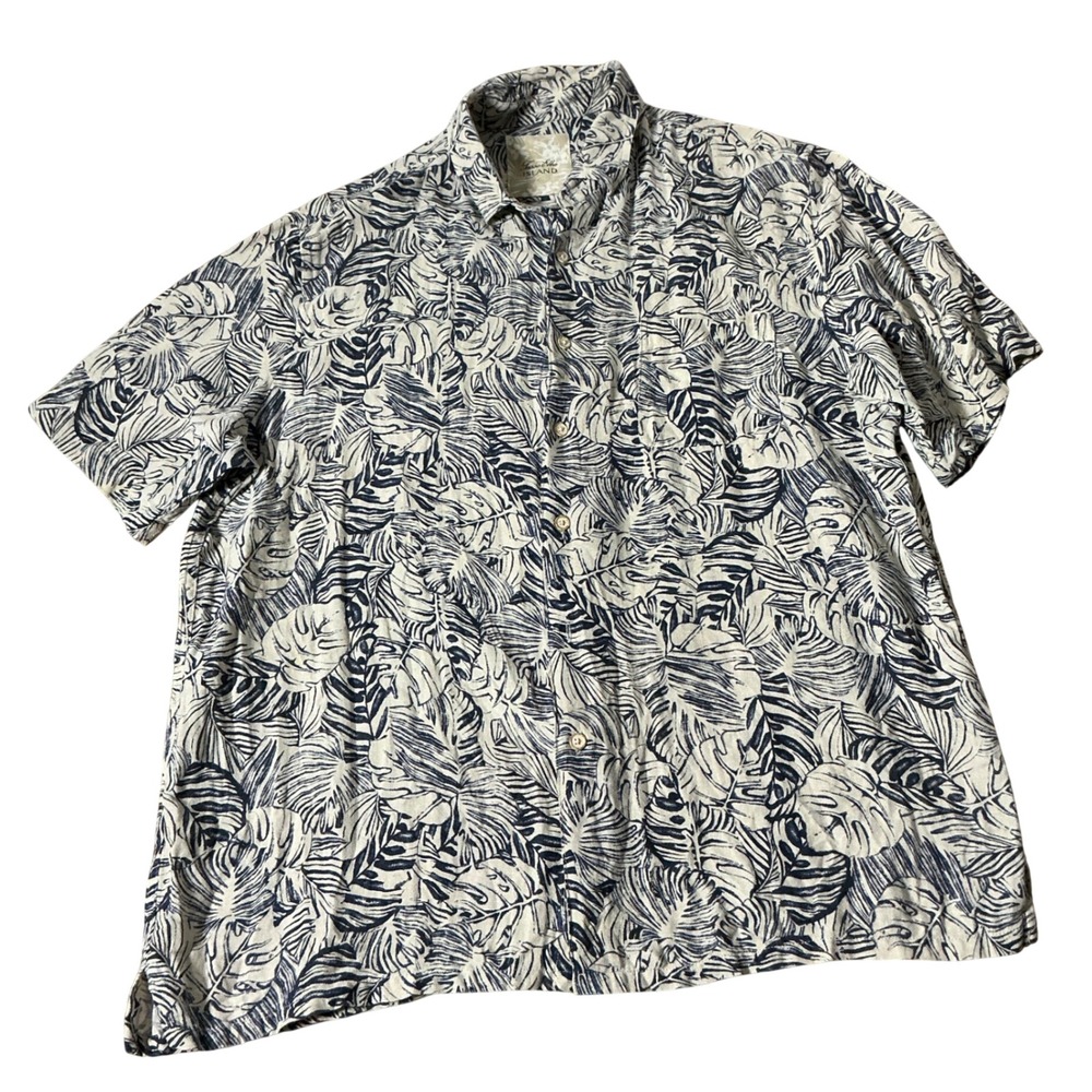 Tasso Elba Island Tropical Silk Linen Shirt Mens Large Blue White Monstera Leaf